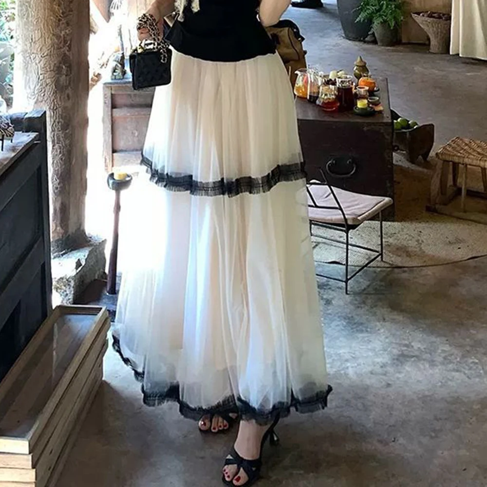 Gentle wind temperament suit women's summer new waist pinch lace splicing sleeveless top mesh skirt