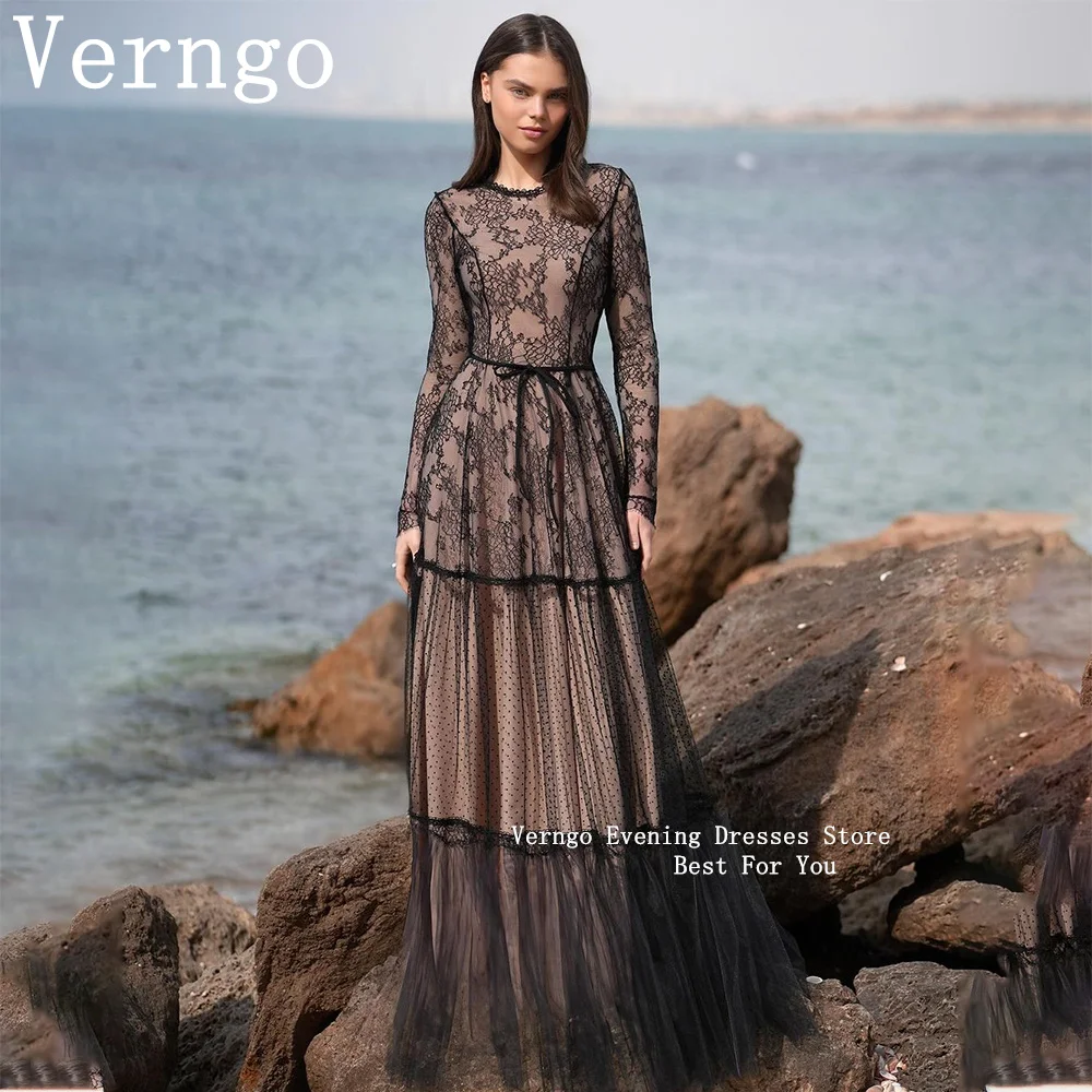 Verngo Black Lace Party Dress Women O Neck Full Sleeve Prom Gown customized A Line Floor Length Dress For Formal Occasion Outfit