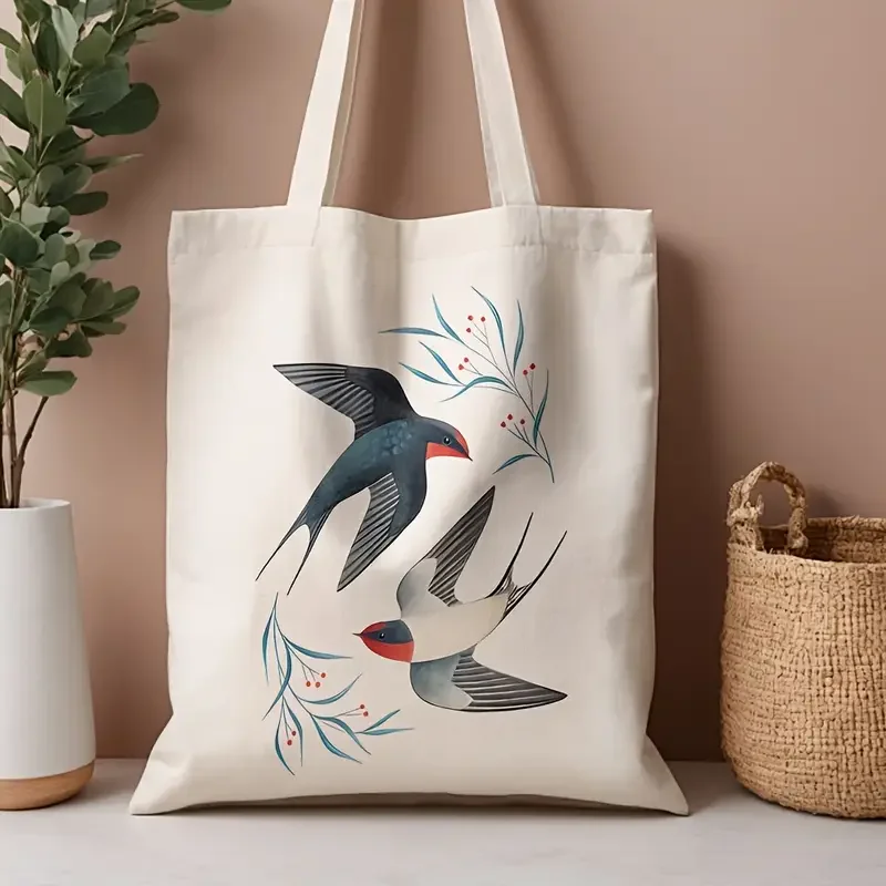 Minimal Black Silhouette Swallow Group Graphic Canvas Tote Bag Portable Handbag For Female Daily Commute Short Shopping Trips