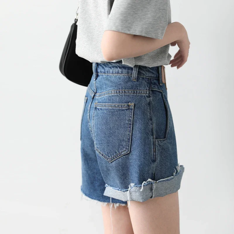 CHIC VEN Women Denim Shorts Retro Irregularly Cut Blue High-waisted Short Jeans for Woman Streetwear Pants Ladies Summer 2024