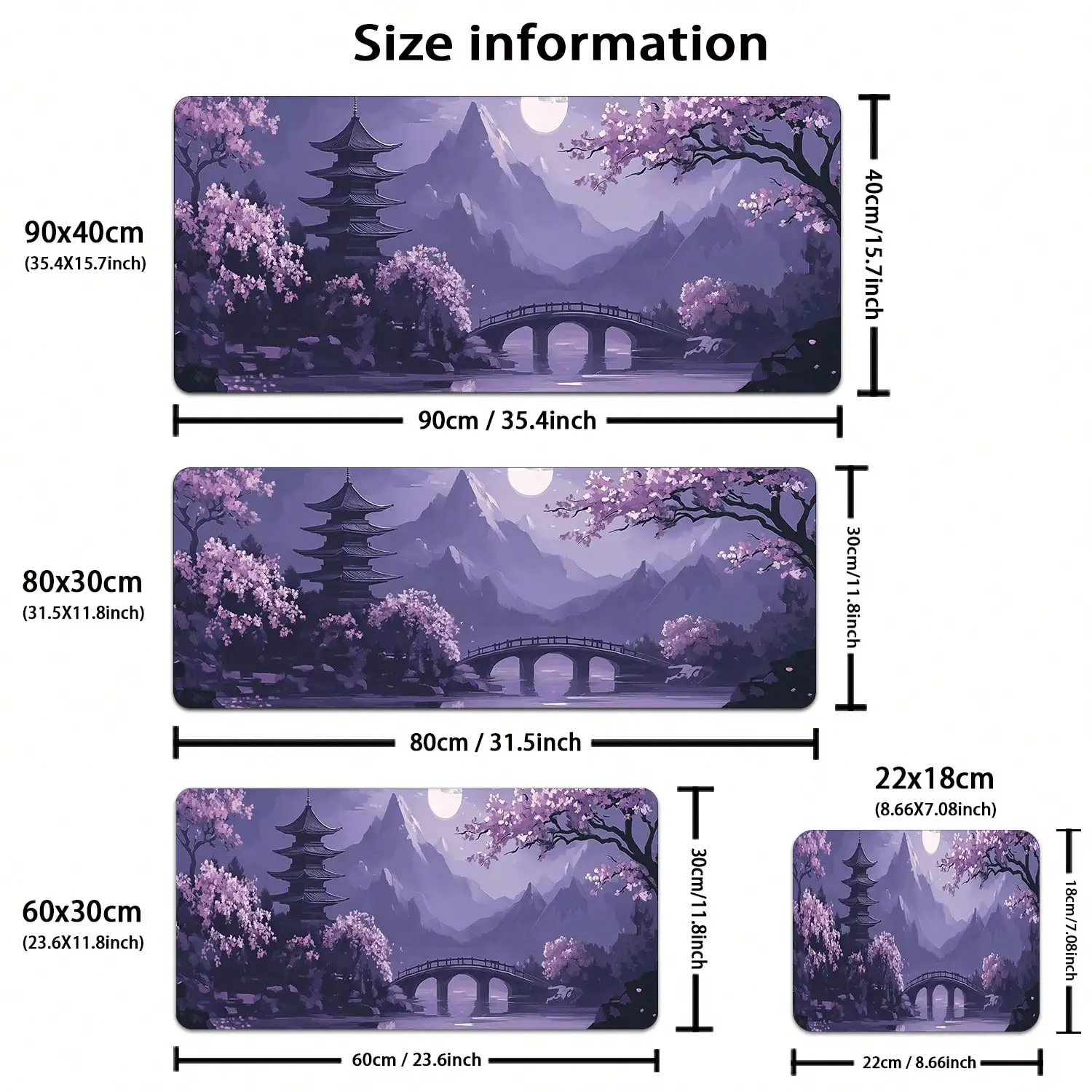 1pc Extra Large Gaming Mouse Pad - Non-Slip Rubber Base, Extra Long Desk Mat, Japanese Cherry Blossom Pagoda Pattern, Purple Background Watercolor Art Design