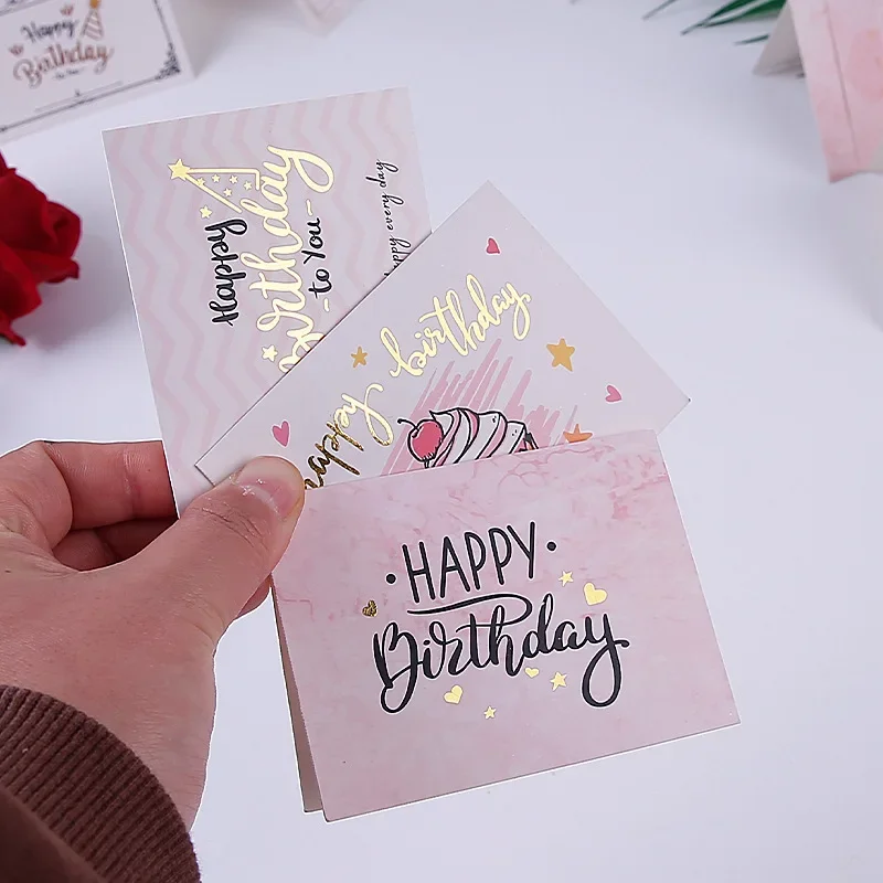 Conjunto de 10 peças de cartões dobráveis de aniversário com estampagem a quente, pequenos cartões frescos, presentes de loja de flores, cartões postais de feliz aniversário