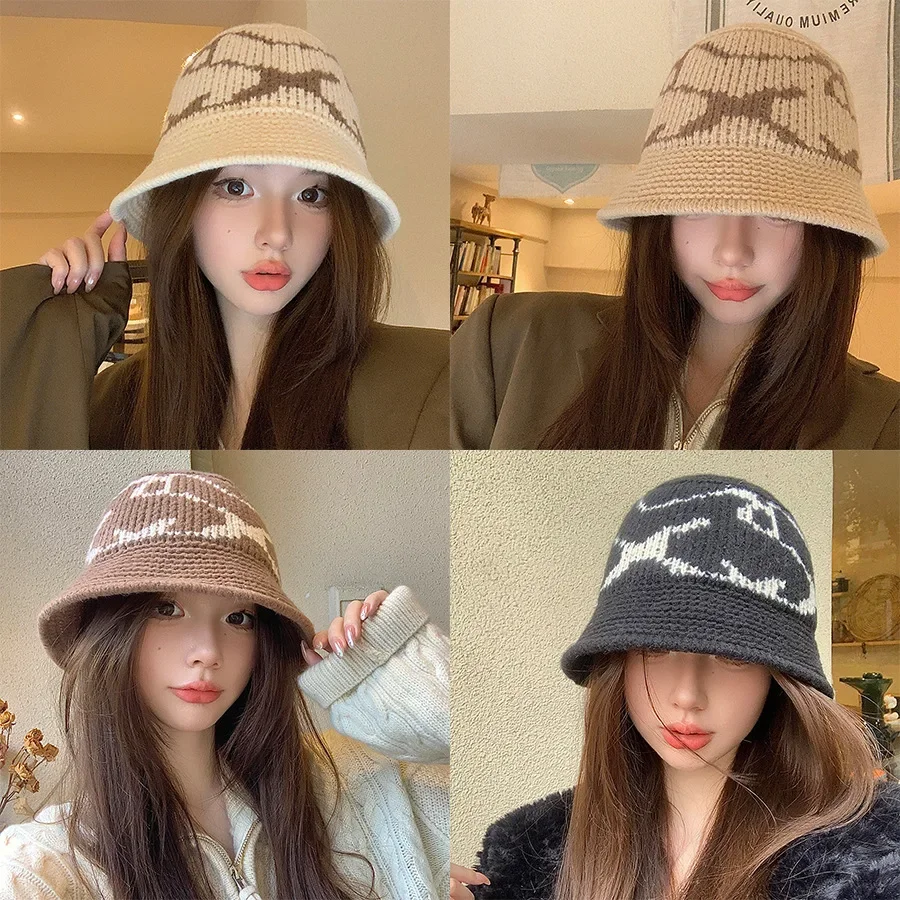 Women's Autumn Winter New Color Block Knit Bucket Hat Warm Ear Cover Windproof Cap