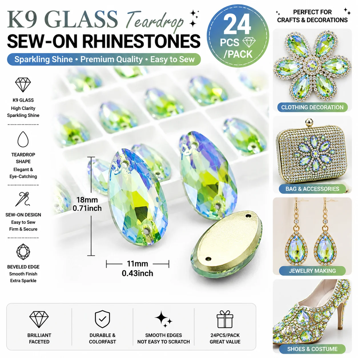 5A Facettierte Glas-Nähsteine in Tropfenform, lose, zum Aufnähen, 11*18mm, 24 Stück/Packung, für DIY-Kleidung, Schuhe, Taschen, Nähzubehör