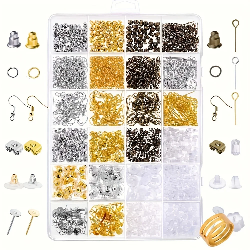 2400 Piece Earring Findings Kit | Includes 24 Style Hooks, Stud Posts, Backs, Clasps + Jewelry Supplies