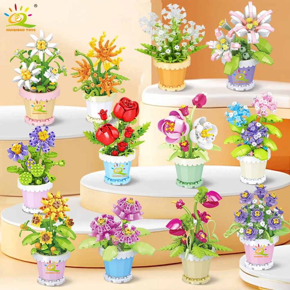 HUIQIBAO MOC Eternal Flower with Pot Micro Building Block DIY Sunflower Rose Bouquet Mini Model Brick Toy home Desk Decoration