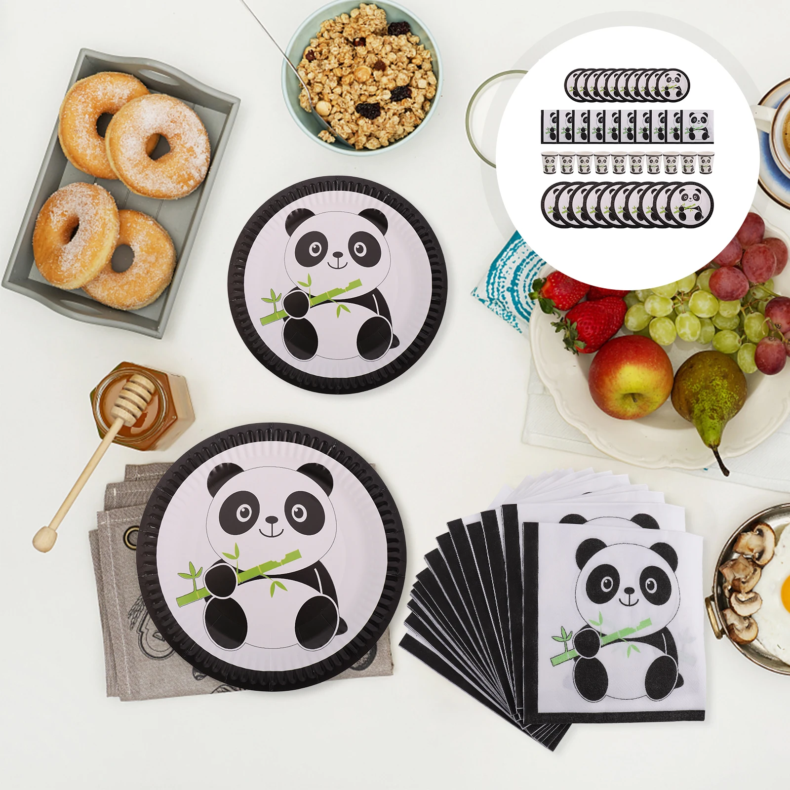 Vajilla desechable de Panda, platos, vasos, servilletas, suministros para fiestas, vajilla de papel de dibujos animados, color blanco y negro, 7 pulgadas, 9 pulgadas, 1 Juego