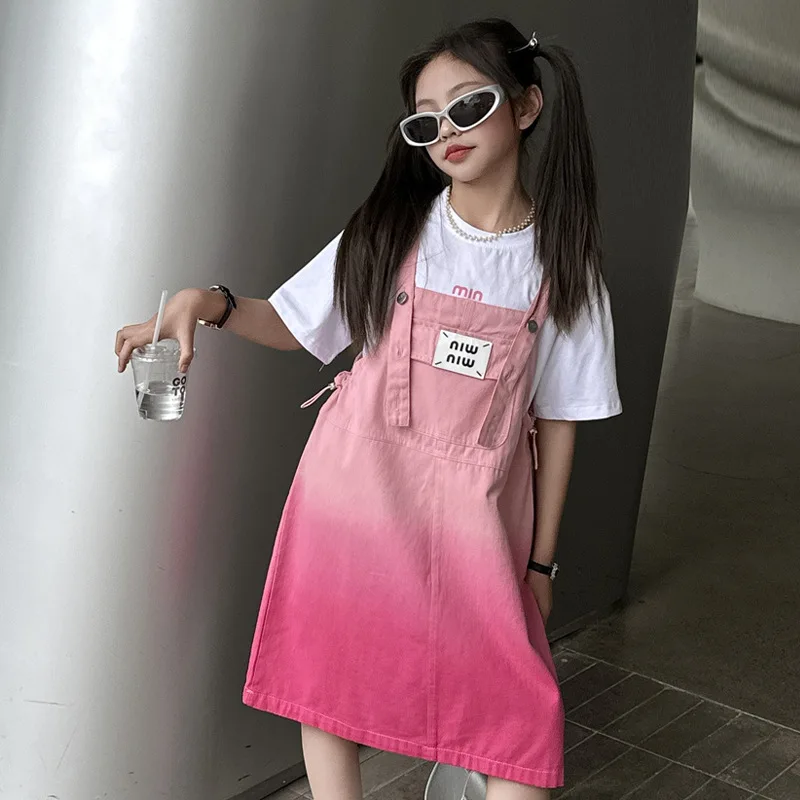 

Girls' denim camisole dress set for summer 2024 new children's trendy Korean version gradient dress two-piece set