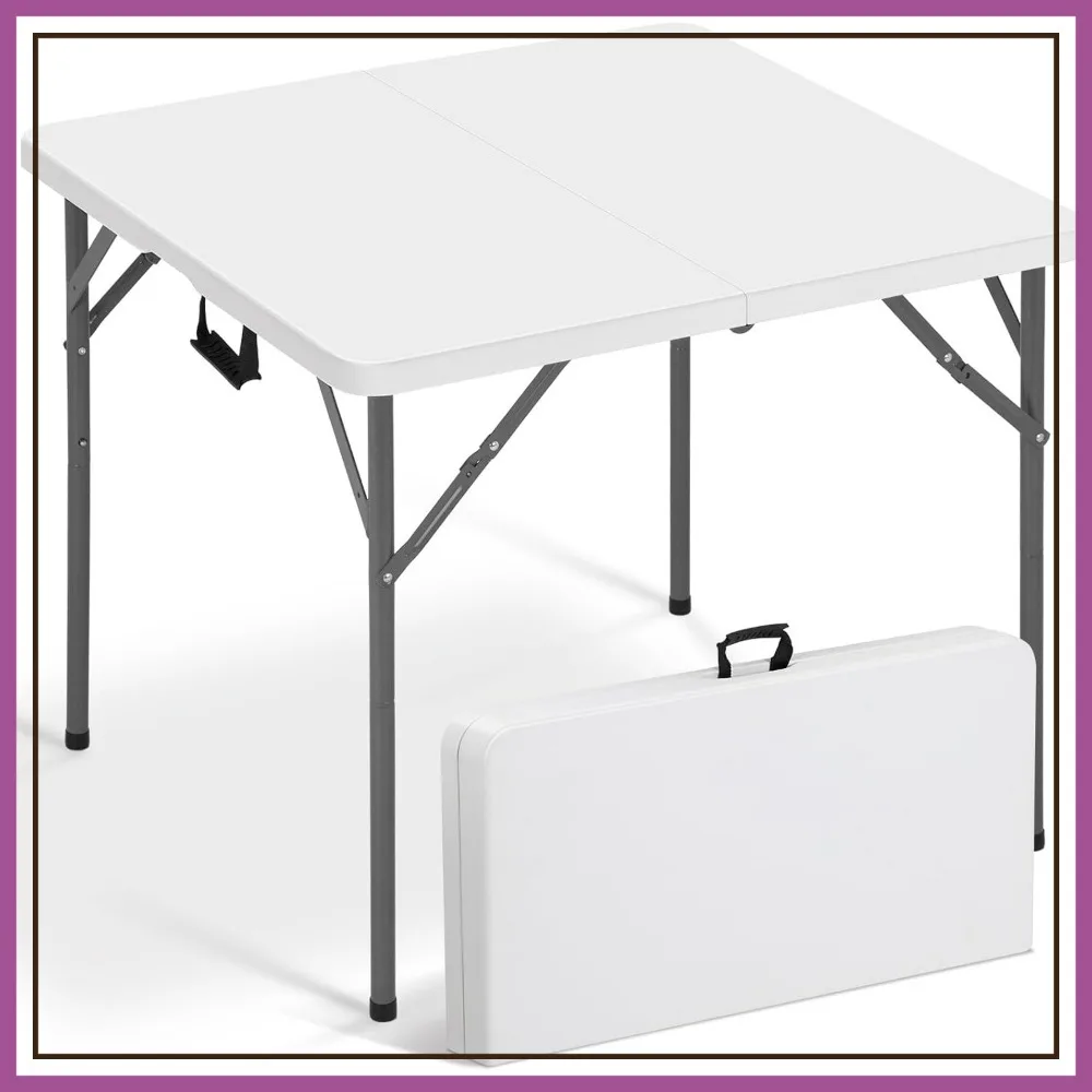 

34" Square Folding Table for Dining, Camping, Party - Heavy Duty HDPE with Carrying Handle, White