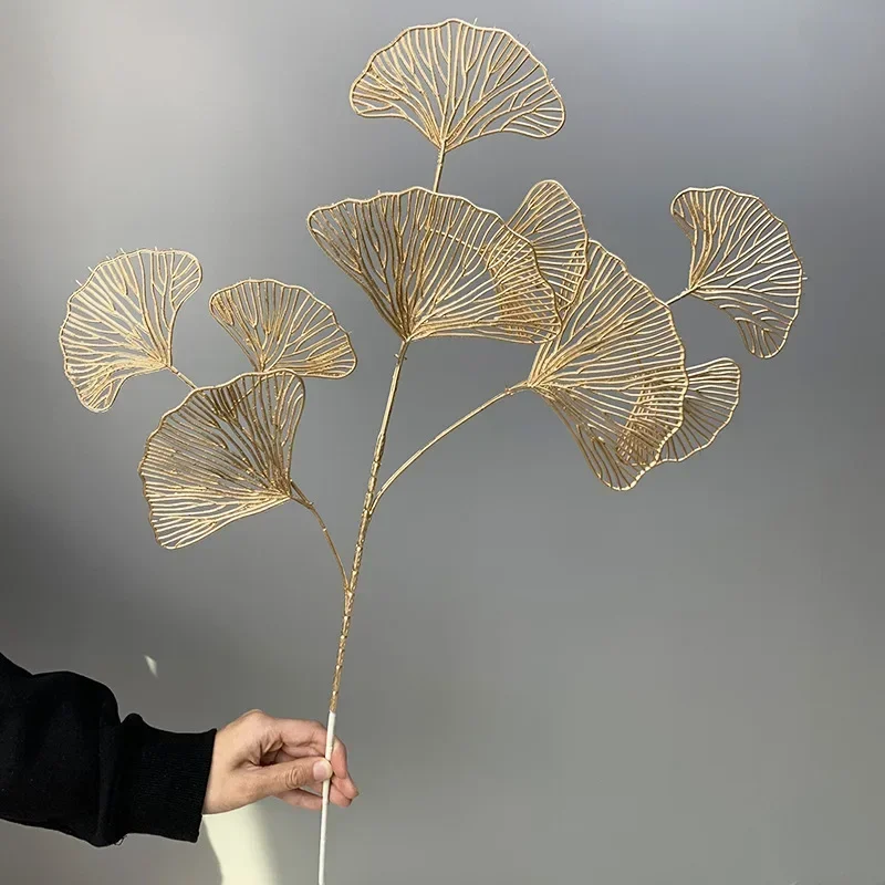 1PC Three-pronged Fan Leaf Netting Artificial Gold Ginkgo Eucalyptus Holly For Wedding Arch Flower Arrangement Home Decor Crafts