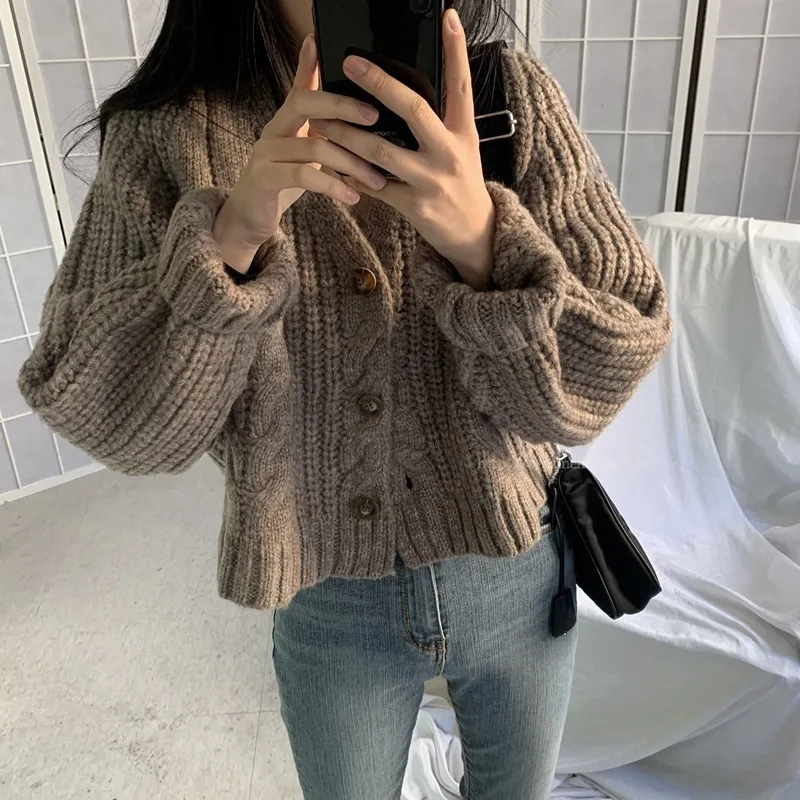 Korean Fashion Ladies Knitwears New 2023 Autumn Winter Womens Sweaters Vintage V-Neck Buttons Cardigans Shorts Large Beige