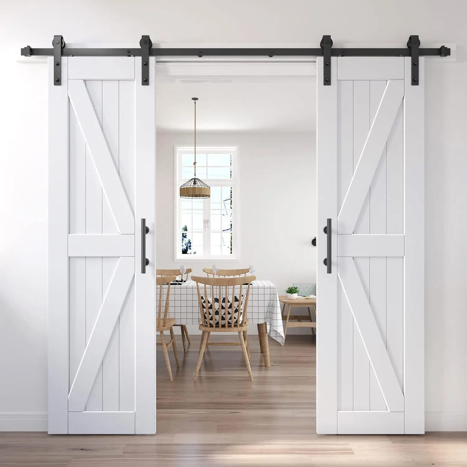 

Double opening barn door with sliding door hardware and handle, DIY assembled, easy to install, waterproof