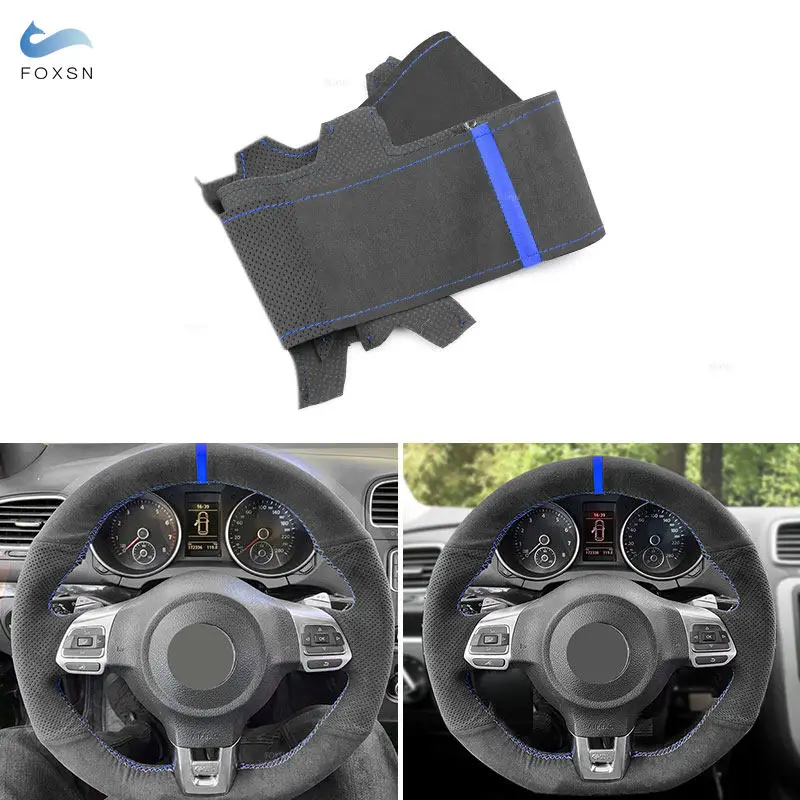 Car Suede Leather Blue Strip&Line Steering Wheel Cover Trim For Golf 6 GTI MK6 VW Polo GTI Scirocco R Passat CC Tiguan R-Line