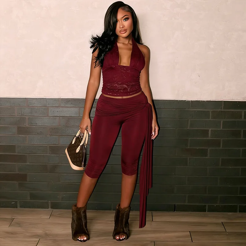 Solid 2 Piece Set Women Sexy V Neck Halter Backless Lace Tank Crop Tops + Lace-up Ribbon Calf-length Pants Cub Suits Streetwear