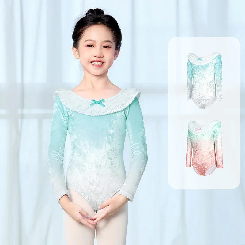 

Бархатные градиентные купальники с рюшами и кружевным воротником для девочек, трико для балета и танцев с длинными рукавами, детское боди, танцевальная одежда, гимнастические балетные костюмы