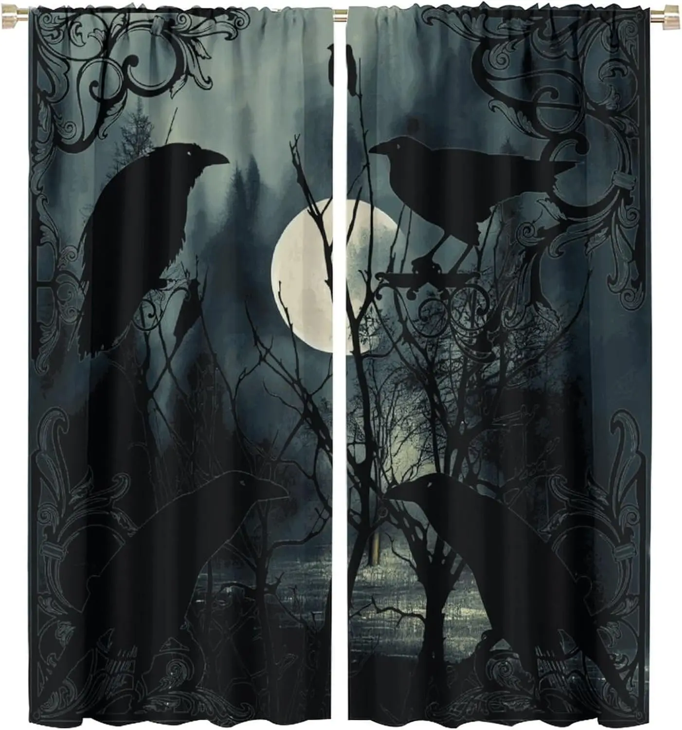 Vintage Baroque Frame Crow Full Moon Dead Tree Curtain Foggy Dark Forest Gothic Halloween Print Drape Bedroom Home Window Decor
