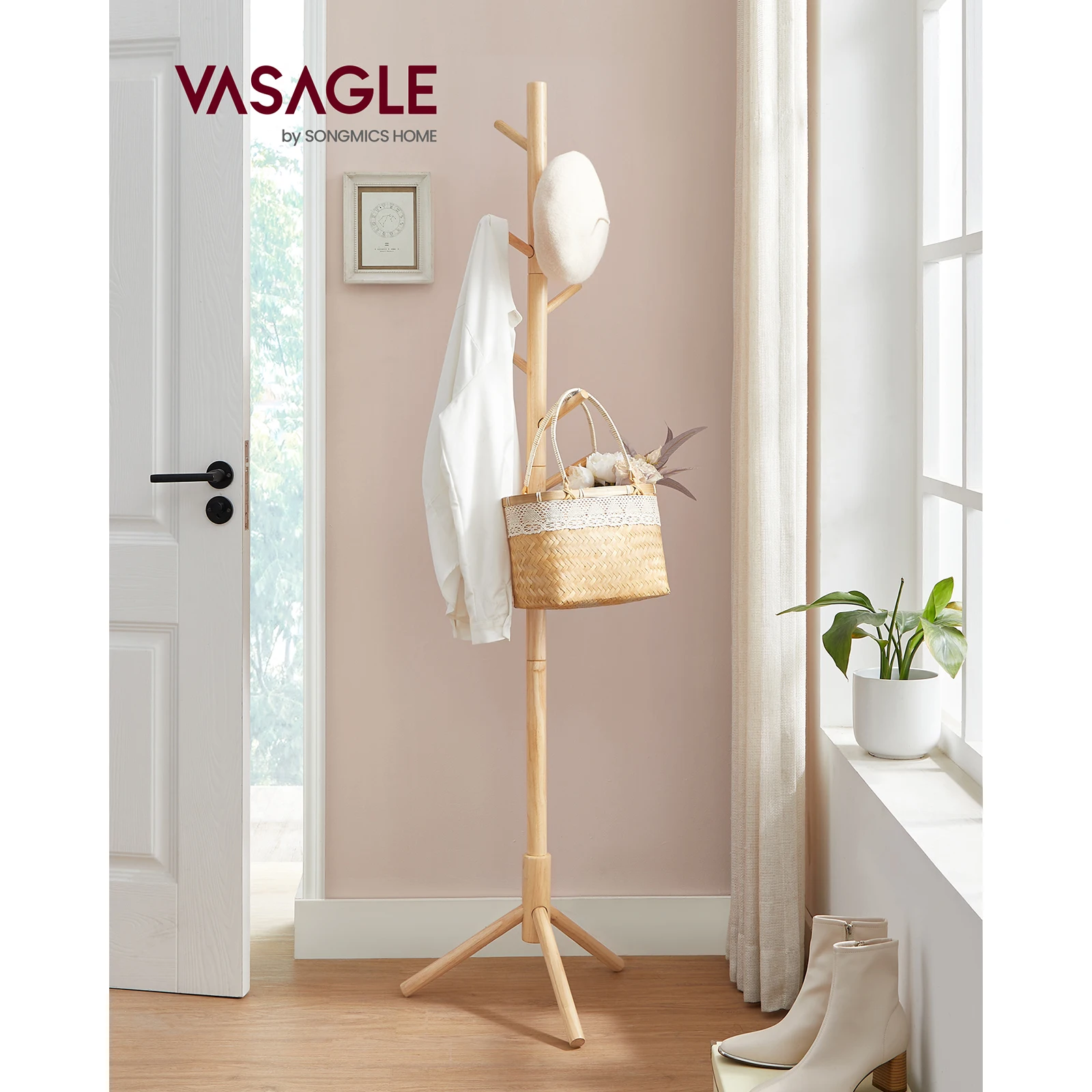 VASAGLE Tree-Shaped Coat Rack: Solid wood, 8 hooks, 3 height options for clothes, hats, bags. Living room, bedroom