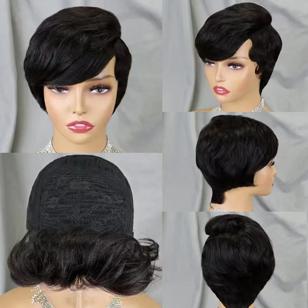 Short Human Hair Wigs Pixie Cut Straight Human Hair Wig with Bangs for Women Full Mechanism Brazilian Remy Cheap Wig 150 Density