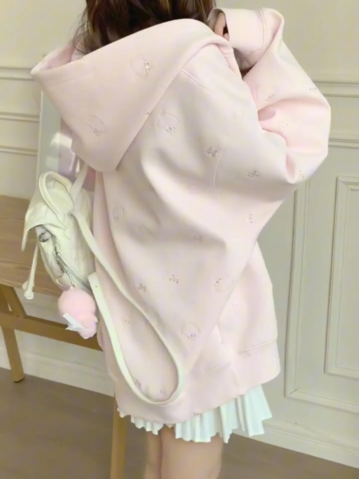 Pink Embroidered Hooded Jaet Women's Spring Autumn Thin New Korean Loose Top College Sle Open Cardigan Sweatirt