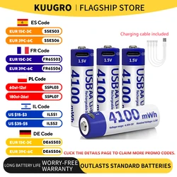 kuugro 1.5V 4100mWh High capacity AA Rechargeable Battery USB Type-C aa Li-ion Battery for Remote Control Smart Door Lock Toys