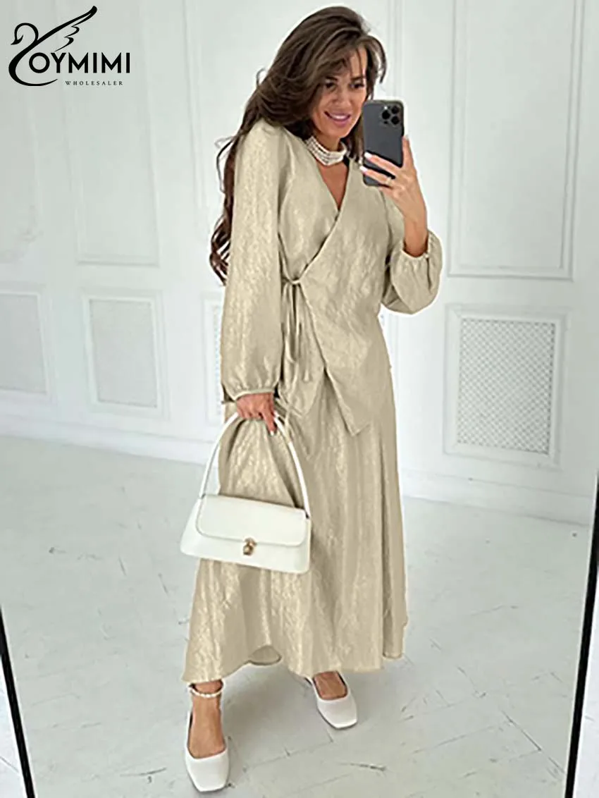 Oymimi Fahsion Khaki Loose Two Piece Set For Women Causal Long Sleeve V-Neck Lace-Up Shirts And High Waist Pleated Skirts Sets