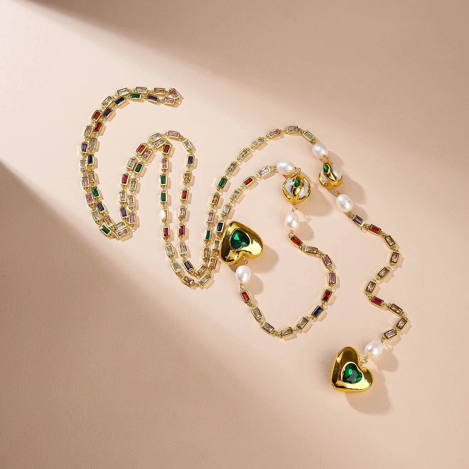Trendy Fashion 18K Gold Plated Copper Chain Necklace Freshwater Pearl Beads Rainbow Zircon Stylish Anniversary Party Jewelry