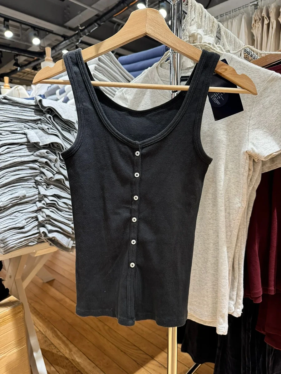 Solid Ribbed Slim Tank Top Woman Summer U Collar Single Breasted Sleeveless Camis Female Simple All-match Basic Vest Cotton Tops