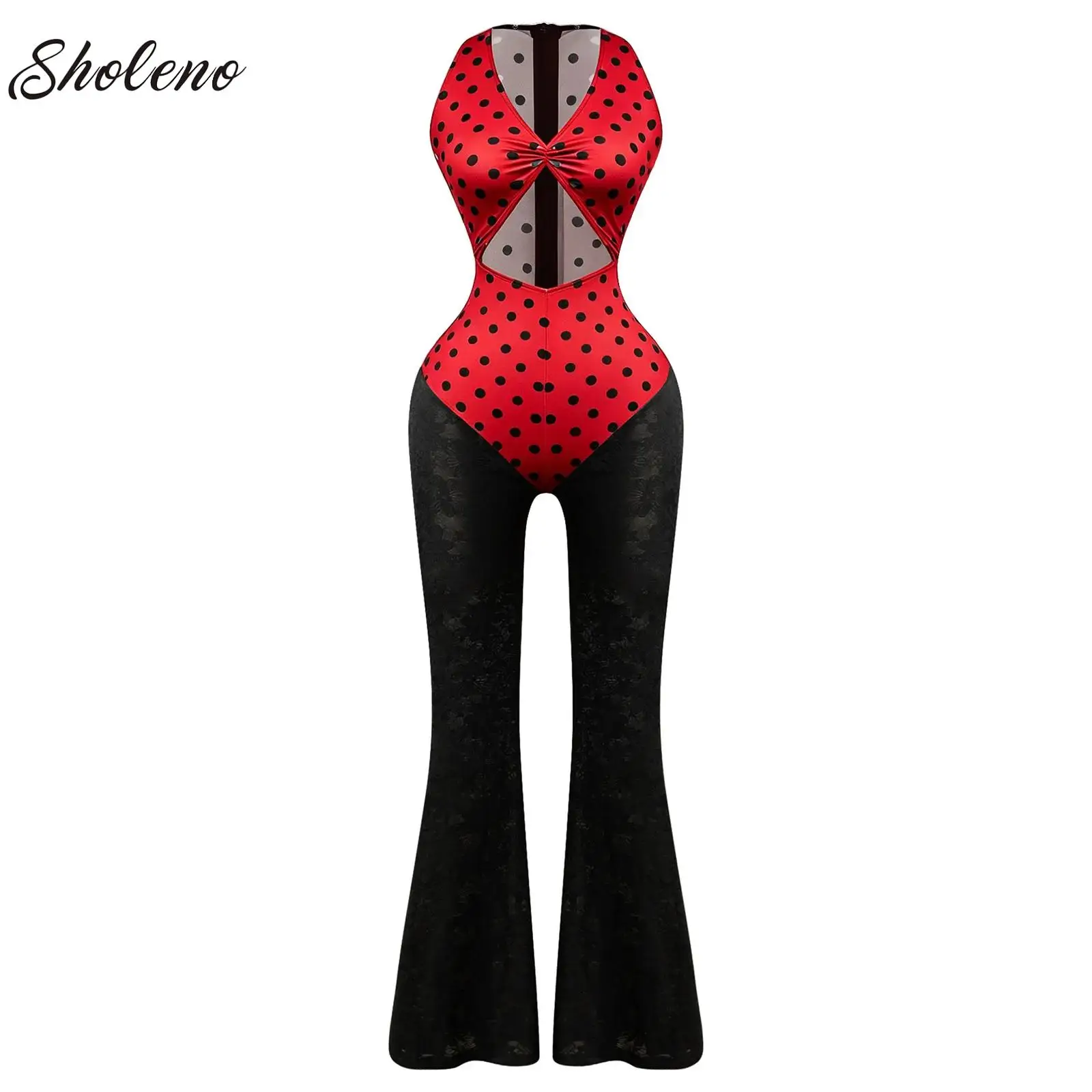 European And American Womens Polka Dot Print Jumpsuit Lace Falre Bell-bottoms Pants Bodysuit Slim Fit Jumpsuit Women's One-Piece