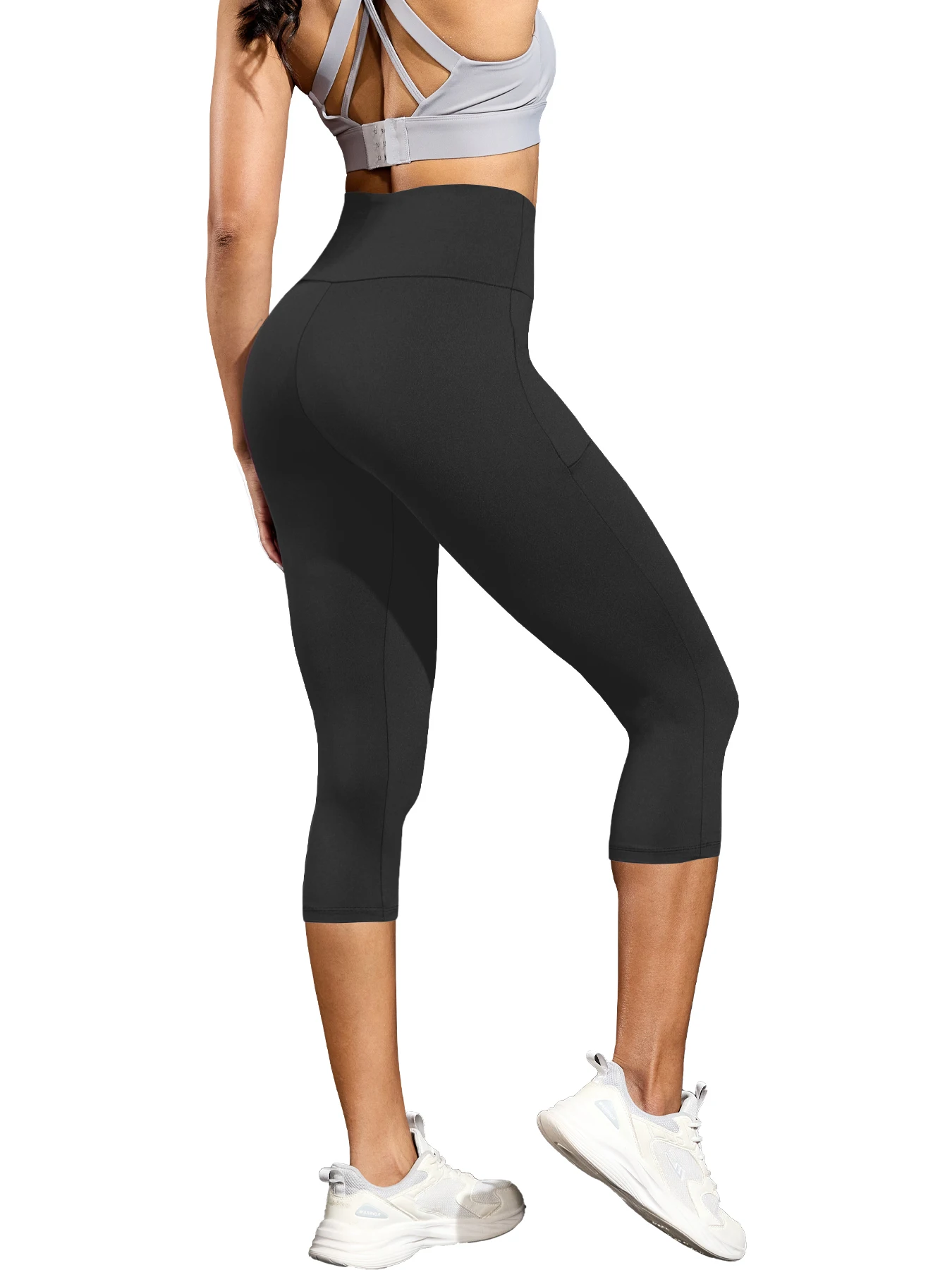 Pantaloni capri a vita alta da donna con tasche per il controllo della pancia, non trasparenti, allenamento, corsa, yoga, atletico, push up, leggings da palestra