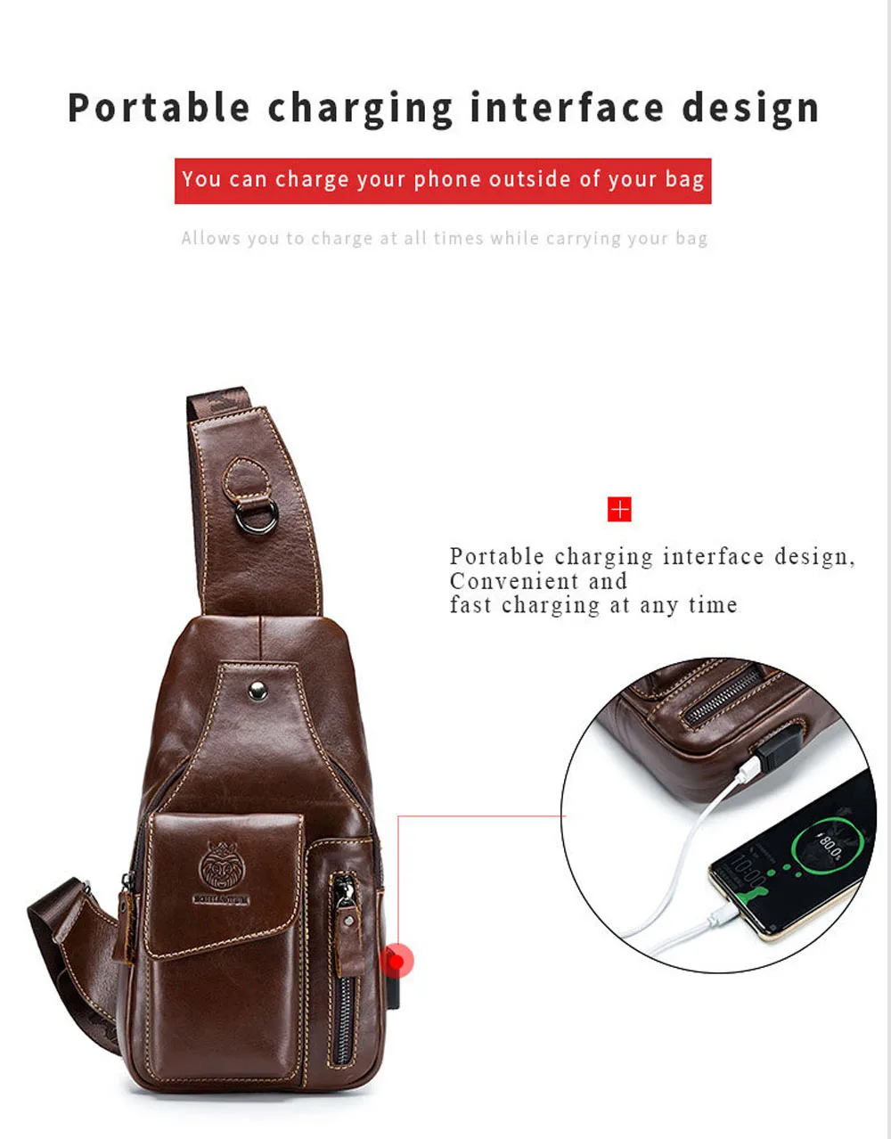 New Men Genuine Leather Chest Bag Retro USB Charging Waterproof Multifunction Crossbody Single Shoulder Day Pack Bag