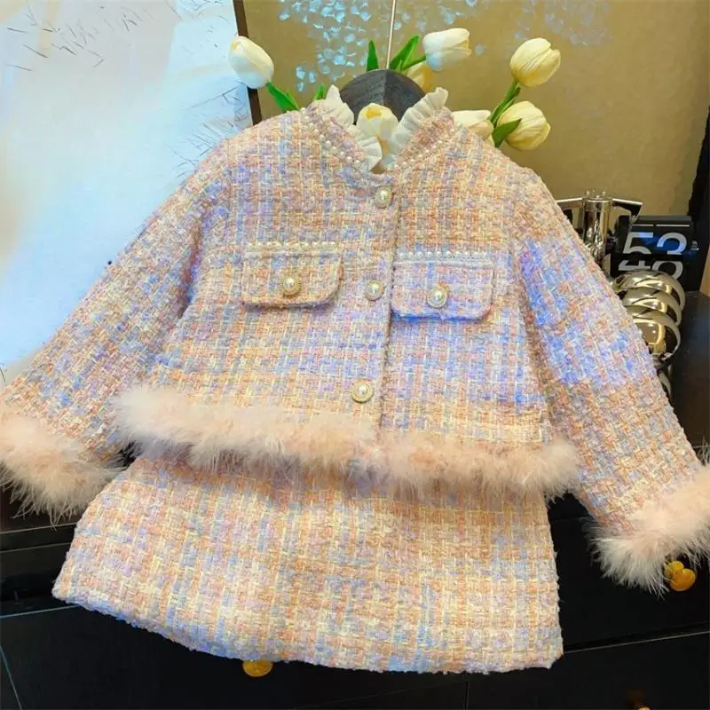 Girls Autumn Winter Fleece Lined Thick Warm Jacket Skirt Set 2pcs Children's Clothing Warm Outfit for Kids