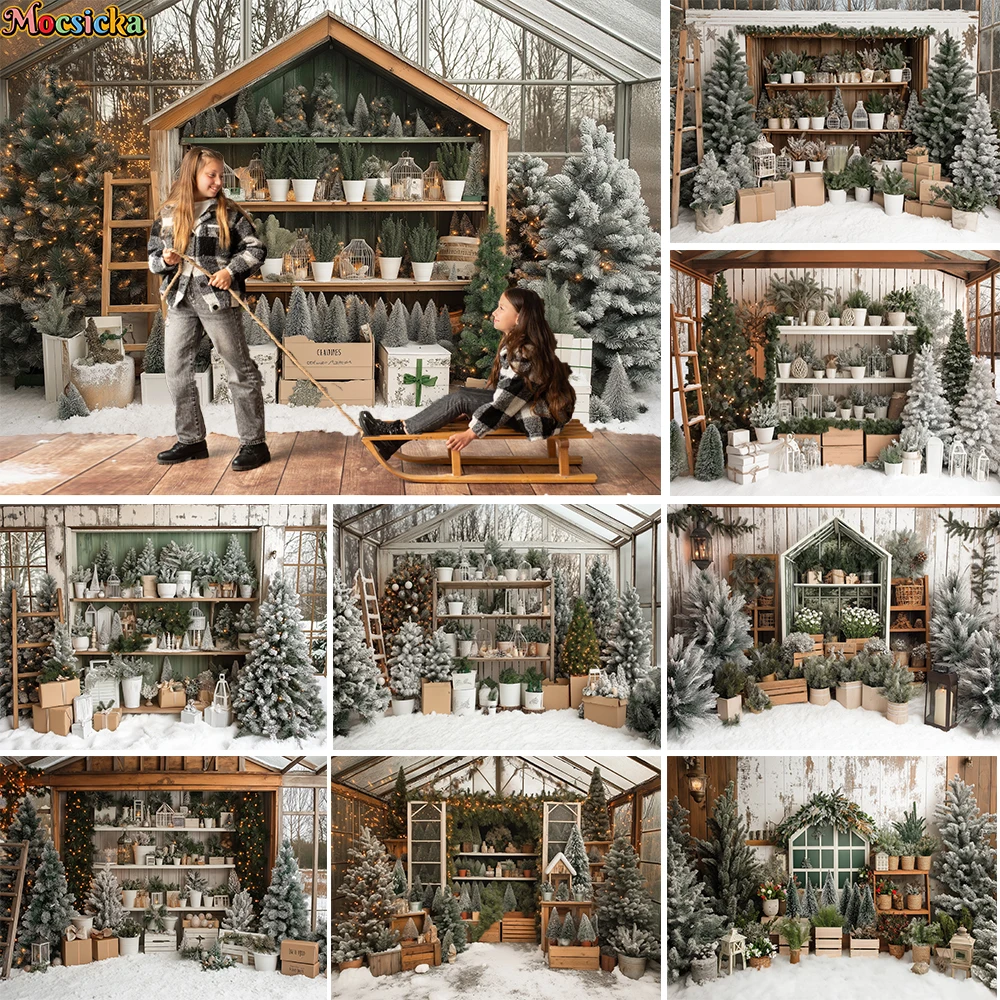 

Mocsicka Christmas SnowY Greenhouse Background Photography Xmas Tree Potted Plant Shelf Backdrop Winter Kids Indoor Photo Studio