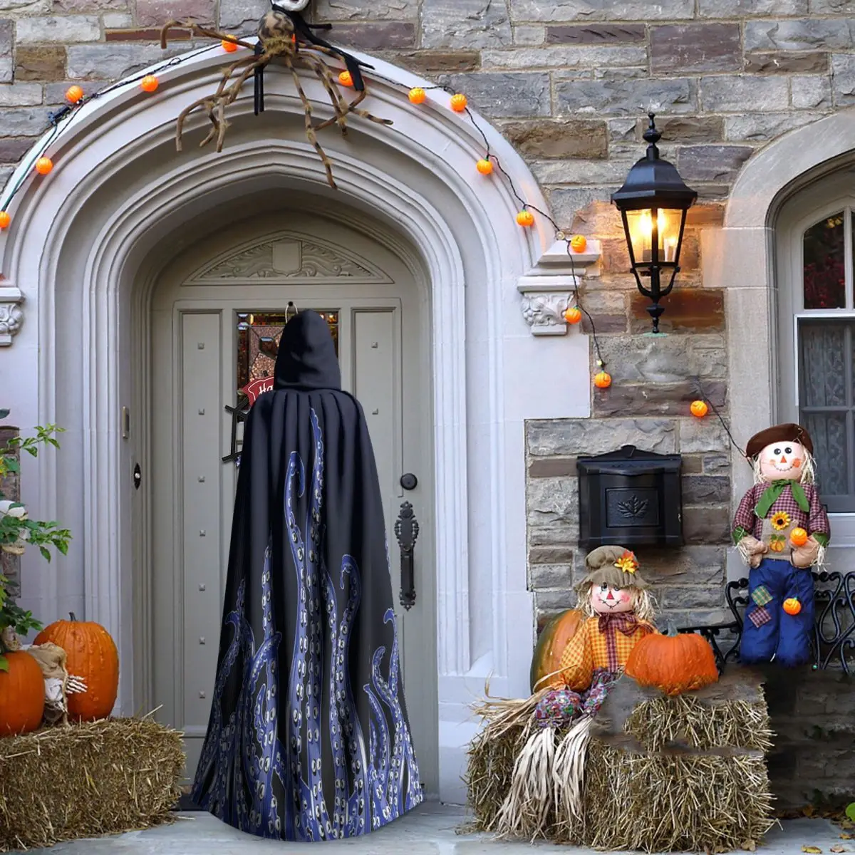 الأخطبوط مخالب الإطار الأزرق الداكن طويل مقنعين عباءة الساحرة القرون الوسطى زي تأثيري كيب هالوين مصاص دماء الكبار للجنسين