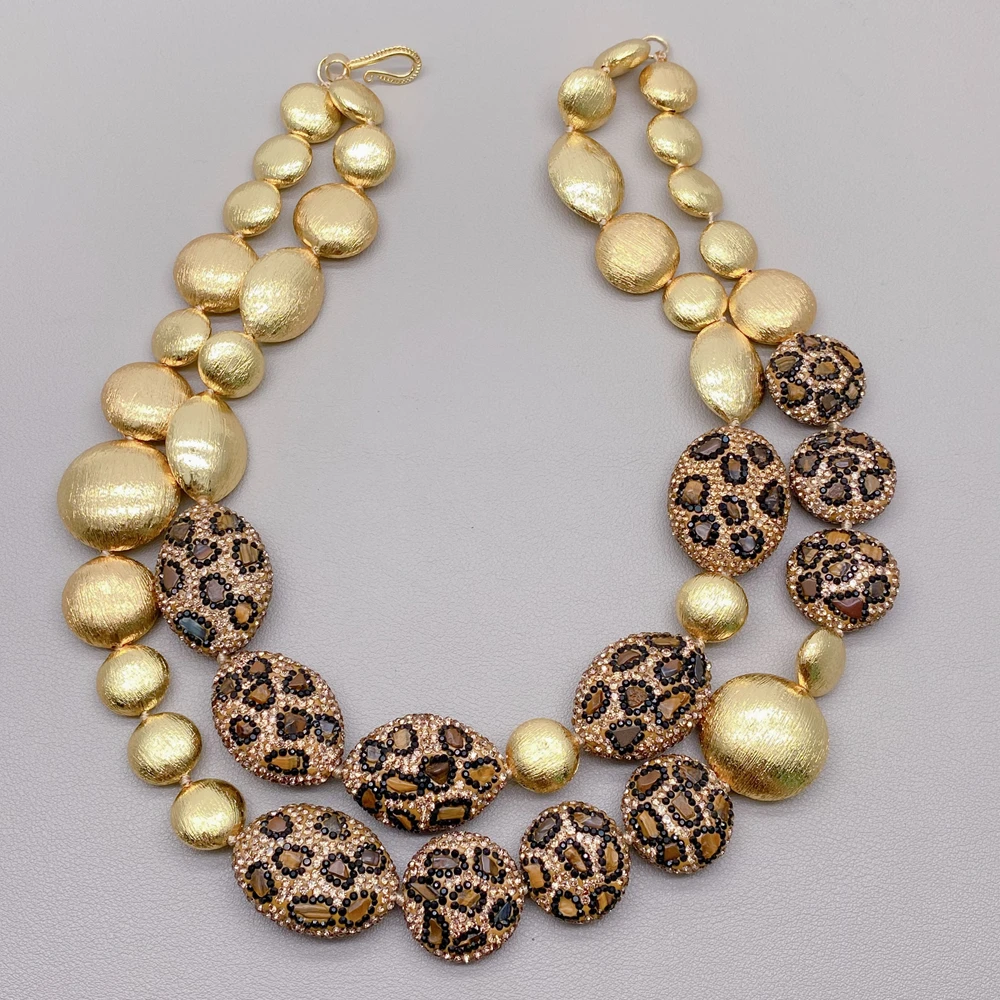 yygem 2 Rows Natural Tiger Eye Chips Crystal Pave Bead Matte Finish Brushed coin Beads Statement Necklace