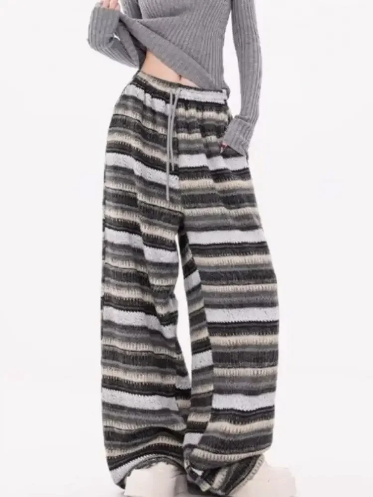 Pantalon épais à rayures Vintage pour femmes, décontracté, mode, jambes larges, cordon de serrage, élastique, taille haute, droit