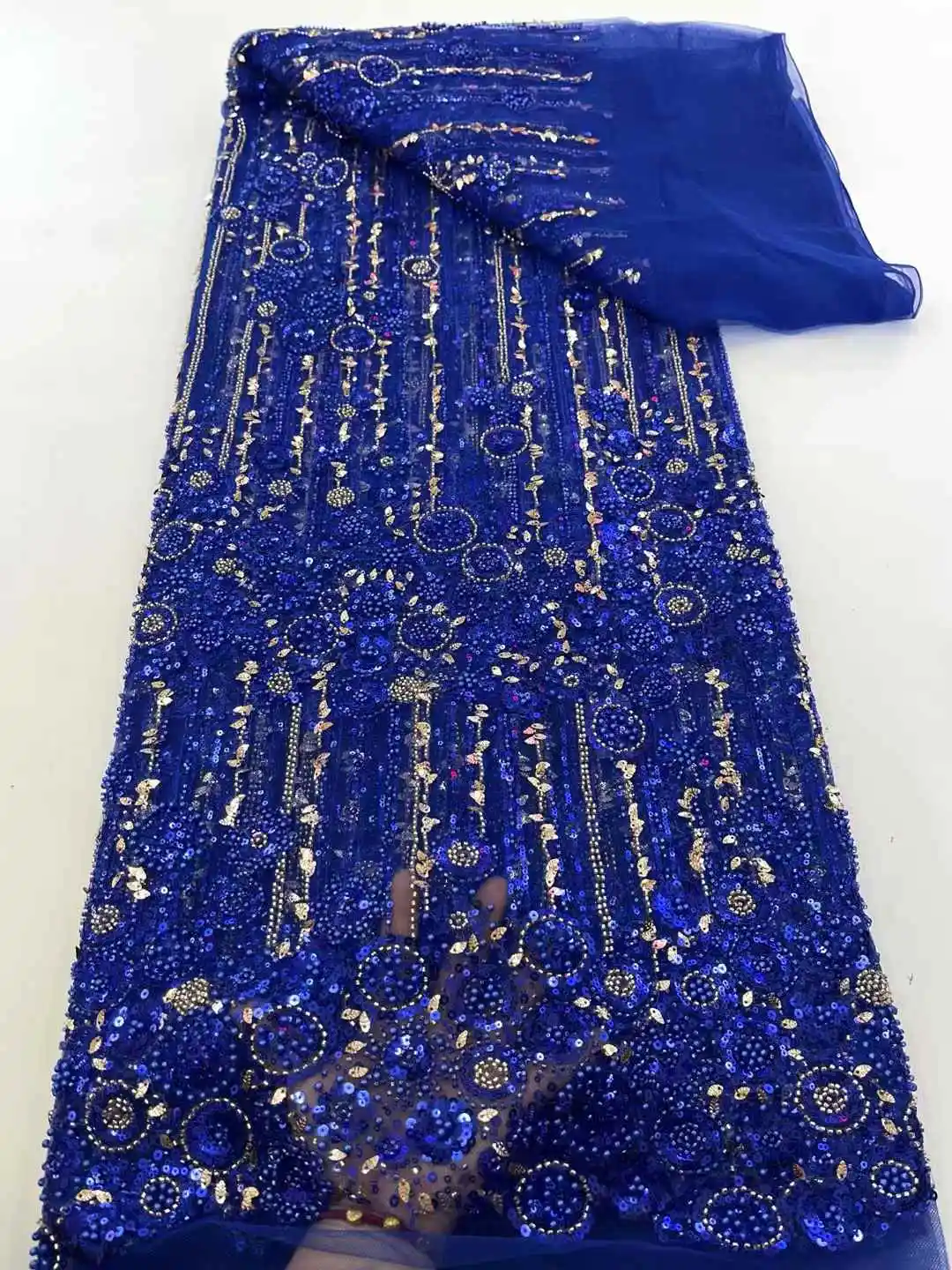 

2025 Latest Hot Sale Fashion Africa Lace Fabric High Quality Handmade Embroidery Lace With Beads Sequins Party For Wedding Dress