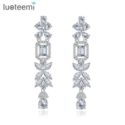 LUOTEEMI Luxury Bridal Wedding Zircon Long Earrings Cubic Zirconia Flower Earring Gorgeous Jewellery Accessories Party Gifts