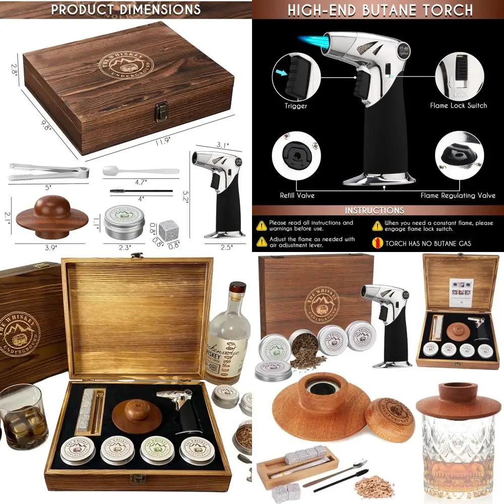 

Cocktail Smoker Set with Torch, Smoker Cap, Whiskey Stones & Assorted Wood Chips in Wooden Box