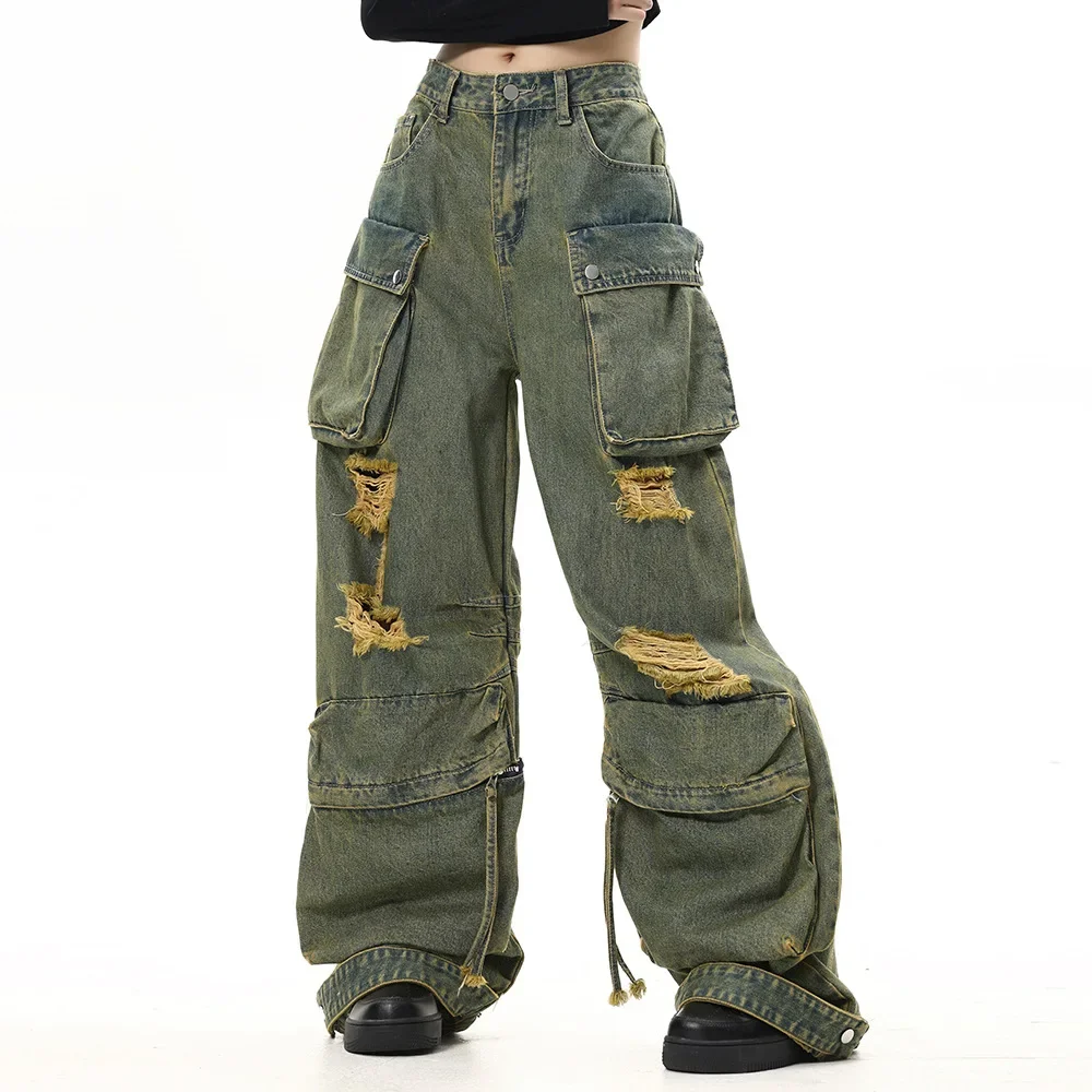 Men's Waste-land Style Washed and Distressed Ripped Work Jeans, Loose, Wide-leg, Straight-leg and Floor-dragging Long Pants.