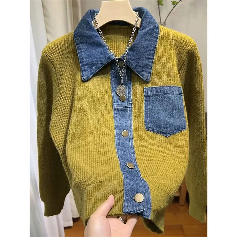 

Color Blocking Sweater Fake Two-Piece Knitted Cardigan Stitching Sweater Jacket Women Autumn Winter Sweater Female Casual Tops