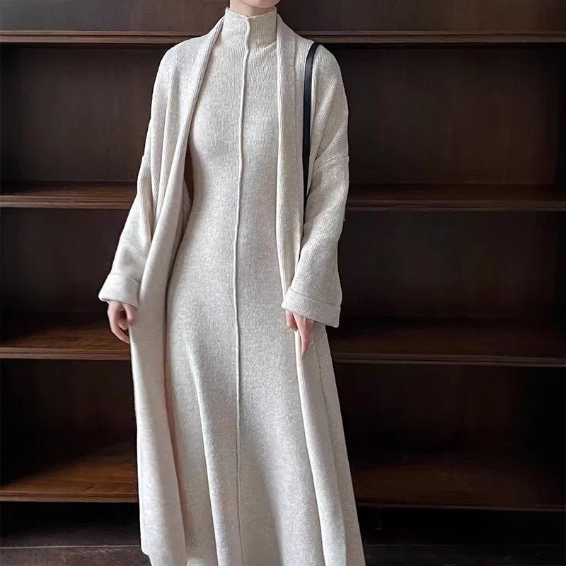 Knitted Full Sleeve Long Cardigan Overcoat And High Collar Sleeveless Slim Tank Dress Female Vintage Solid Two Piece Outfit