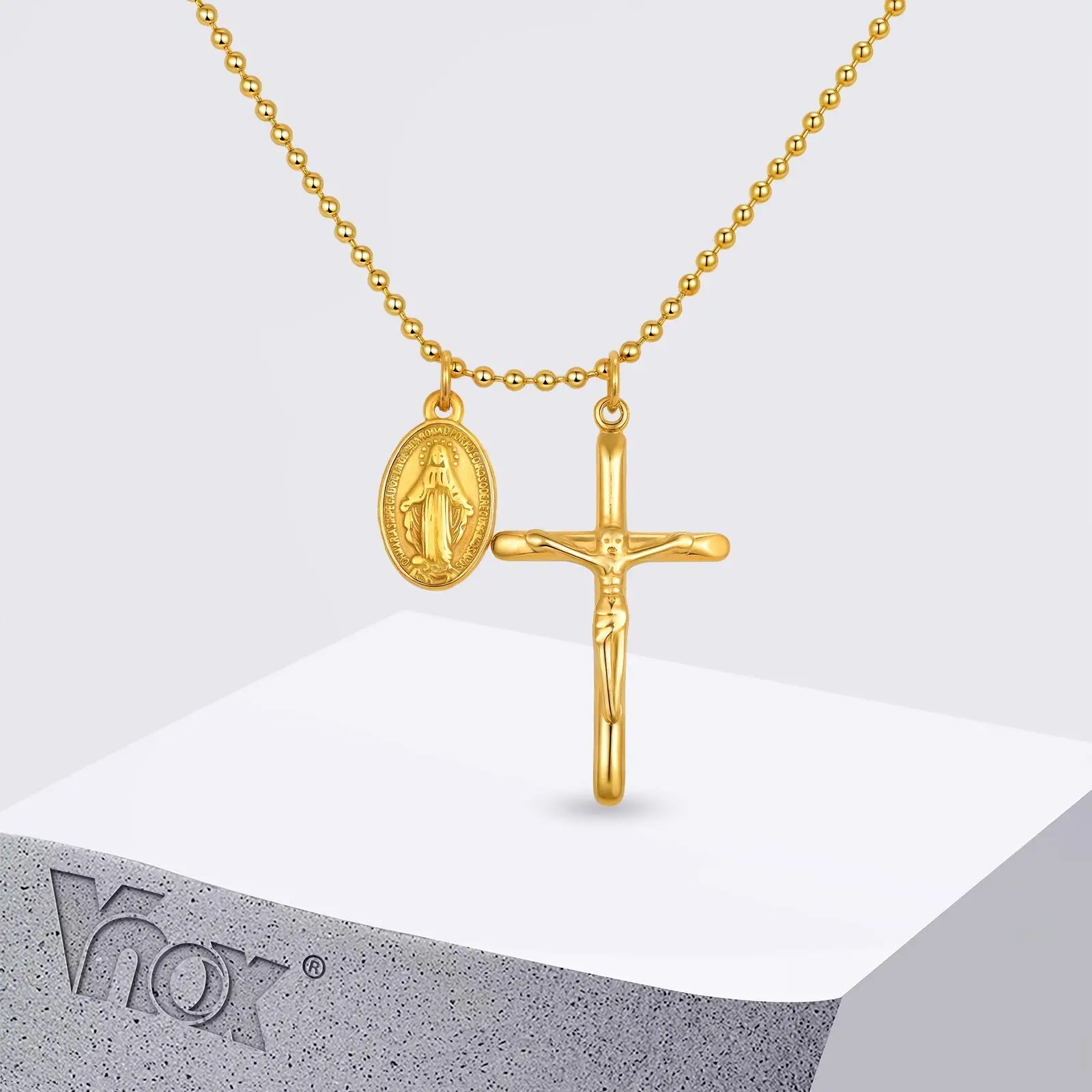 

Vnox Cross Oval Virgin Mary Pendant Necklace for Men Women, Gold Plated Stainless Steel Religious Faith Adjustable Necklaces New