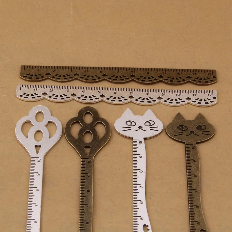 50pcs Antique Metal Ruler Vintage Style Cat Key Lace Bookmark DIY Setting For Students Children Party Souvenirs Gift