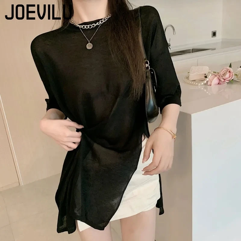 Split Irregular Tops Women\'s Summer Mid Length Half Sleeve T-shirt Korean Fashion Loose Slightly Transparent Sunscreen Blouse