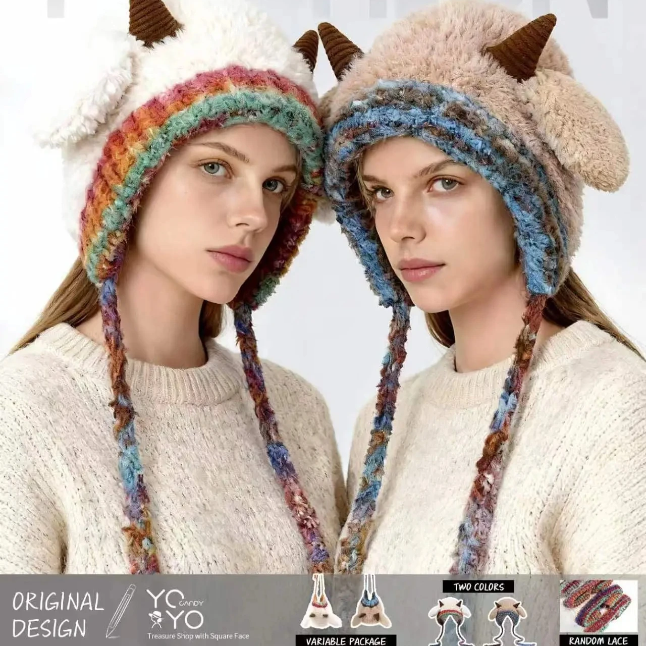 Festival Sheep’s Horn Hat (Can Be Used Normally and Serves Multiple Purposes) Knitted Ear Protection Windproof  Warm Hat