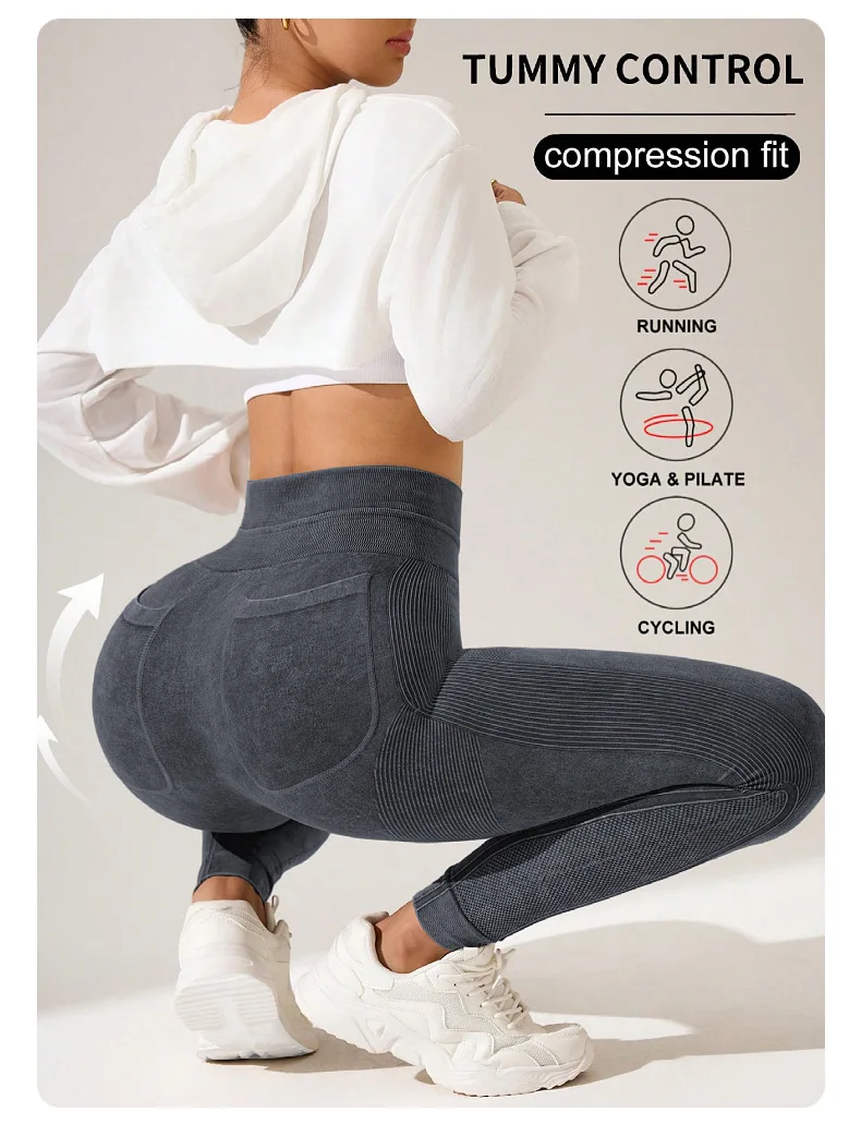 Damen Schnelltrocknende Yoga-Leggings mit Taschen, Hoher Taille, Po-Lifting-Effekt, Strukturierte Hüftformende Lauf- und Fitness-Sporthose – Detail 10