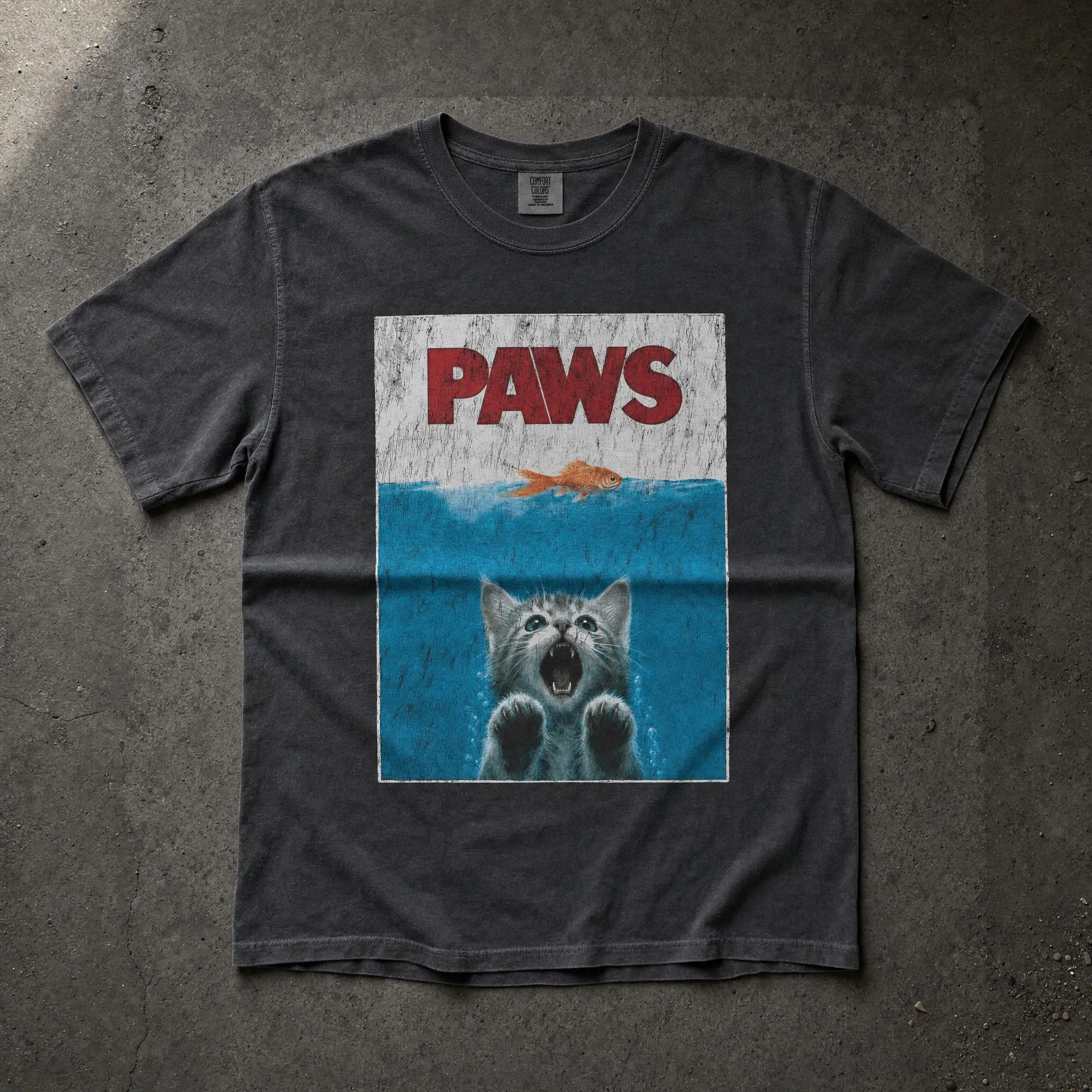 Paws Kitten Jaws Movie Parody T-Shirt, Vintage Cat Poster Graphic Tee, Comfort Colors Black Top