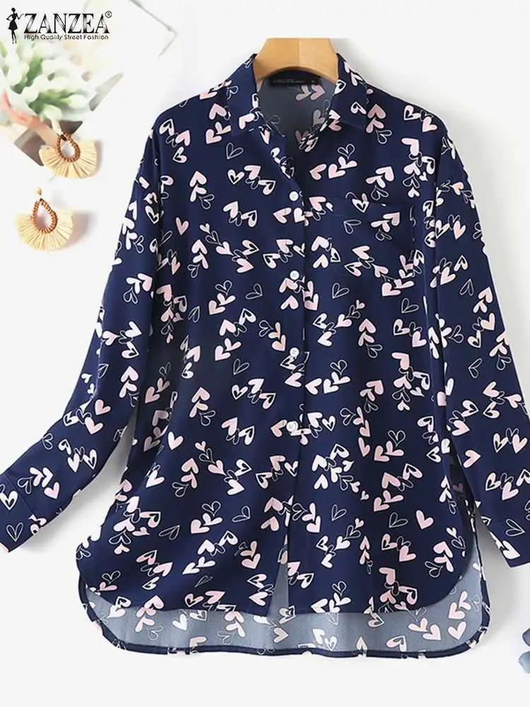 ZANZEA Women Heart Printed Shirt Casual Loose Long Sleeve Tops 2024 Fashion New Lapel Collar Tunics Holiday Simple Buttons Blusa