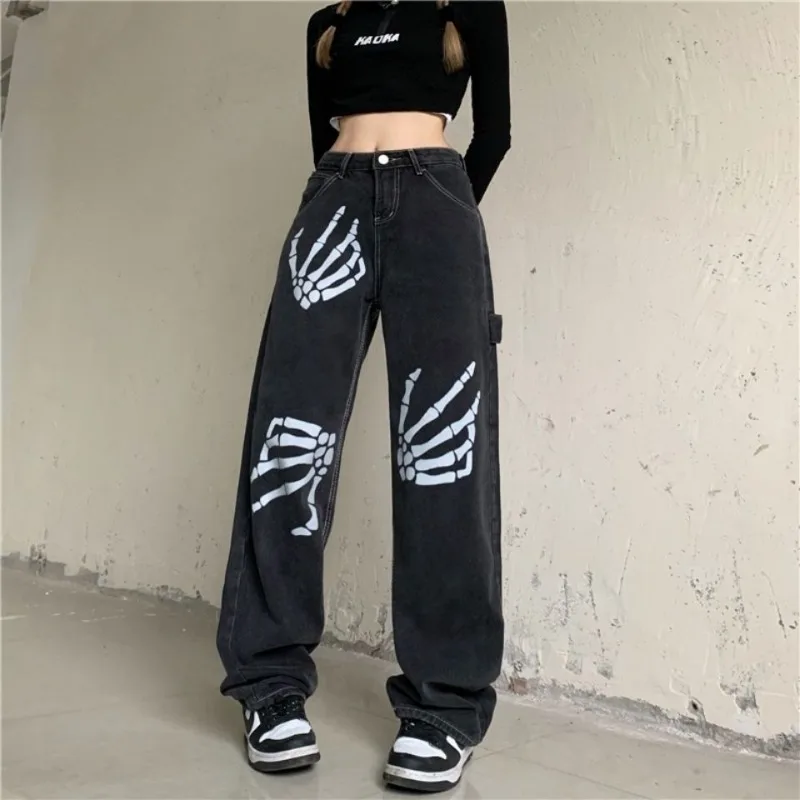 

Cool Girl American Streetwear Black Jeans Female Print Design Niche Hiphop High Street Wide Leg Denim Pants Ins Trendy Trousers