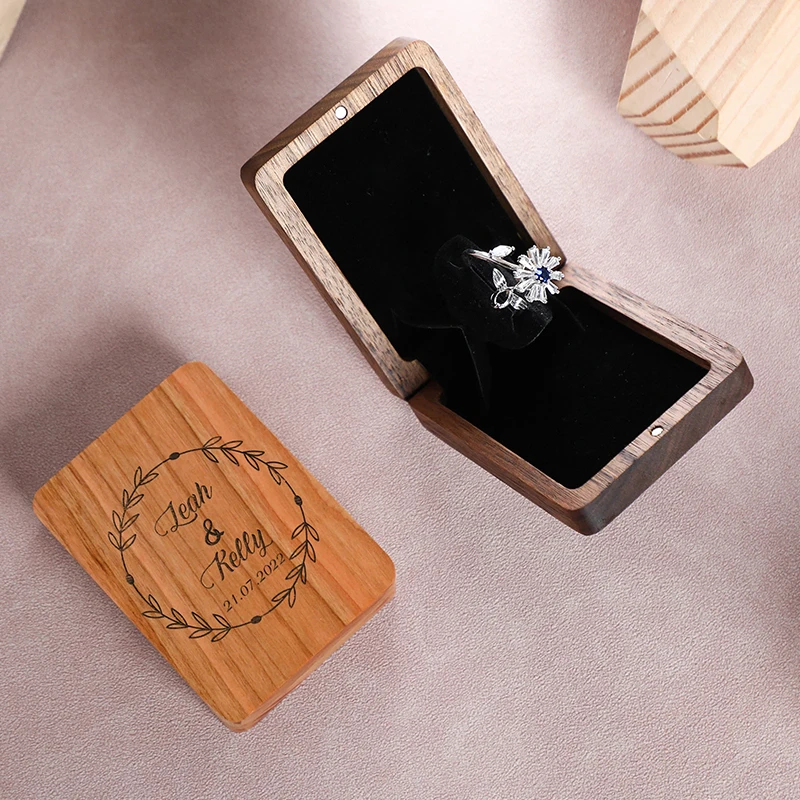 

Personalized Thin Rotating Wooden Ring Box Portable Jewelry Case Couple Proposal Engagement Ring Box Anniversary Gift for Her